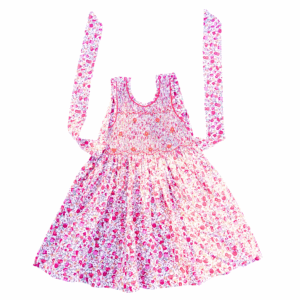Robe Smock Liberty Enfant, Motif Printanier, Coton, Fait Main à Madagascar, Dos Croisé